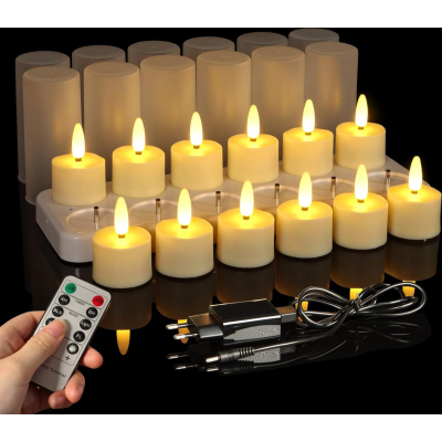 Oplaadbare waxinelichtjes – 12 flikkerende LED waxinelichtjes – inclusief afstandsbediening – met oplaadstation – 35+ uur brandtijd – veilig & duurzaam – theelichtjes – nep kaarsen– met timer